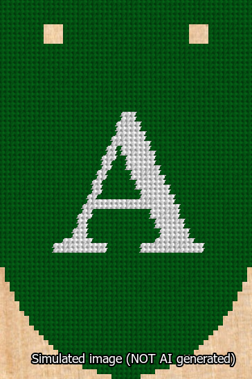 A simulated image of the stitched needlepoint design: Banner 13m Rounded A White on Green. Not A.I. generated.