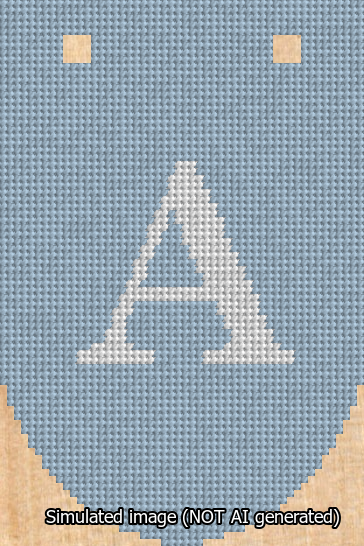 A simulated image of the stitched needlepoint design: Banner 13m Rounded A White on Light Blue. Not A.I. generated.