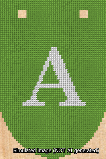 A simulated image of the stitched needlepoint design: Banner 13m Rounded A White on Light Green. Not A.I. generated.