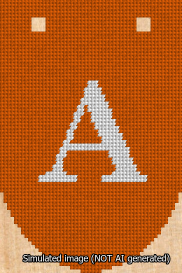 A simulated image of the stitched needlepoint design: Banner 13m Rounded A White on Orange. Not A.I. generated.