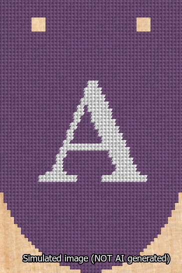 A simulated image of the stitched needlepoint design: Banner 13m Rounded A White on Purple. Not A.I. generated.