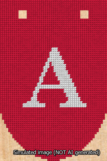A simulated image of the stitched needlepoint design: Banner 13m Rounded A White on Red. Not A.I. generated.