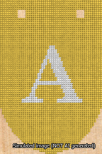 A simulated image of the stitched needlepoint design: Banner 13m Rounded A White on Yellow. Not A.I. generated.