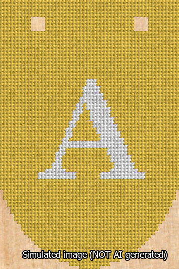 A simulated image of the stitched needlepoint design: Banner 13m Rounded A White on Yellow. Not A.I. generated.