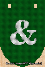 A simulated image of the stitched needlepoint design: Banner 13m Rounded Ampersand White on Green. Not A.I. generated.
