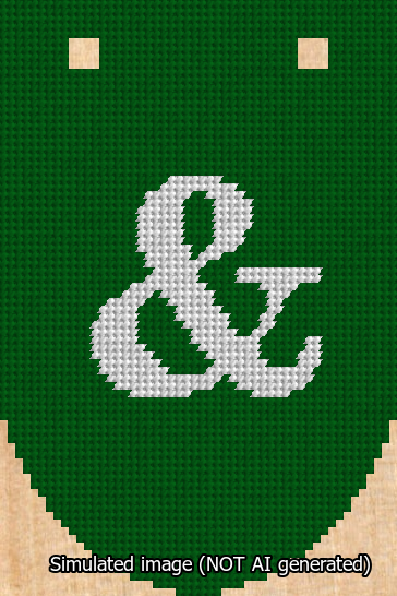 A simulated image of the stitched needlepoint design: Banner 13m Rounded Ampersand White on Green. Not A.I. generated.
