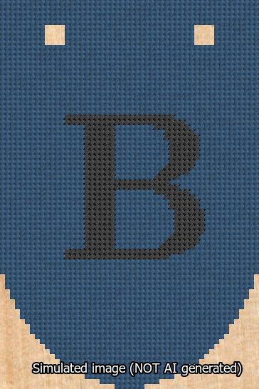 A simulated image of the stitched needlepoint design: Banner 13m Rounded B Black on Blue. Not A.I. generated.