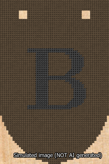 A simulated image of the stitched needlepoint design: Banner 13m Rounded B Black on Brown. Not A.I. generated.