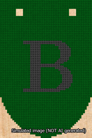 A simulated image of the stitched needlepoint design: Banner 13m Rounded B Black on Green. Not A.I. generated.