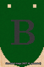 A simulated image of the stitched needlepoint design: Banner 13m Rounded B Black on Green. Not A.I. generated.