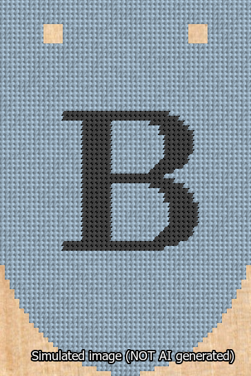 A simulated image of the stitched needlepoint design: Banner 13m Rounded B Black on Light Blue. Not A.I. generated.