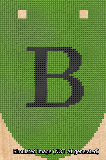 A simulated image of the stitched needlepoint design: Banner 13m Rounded B Black on Light Green. Not A.I. generated.