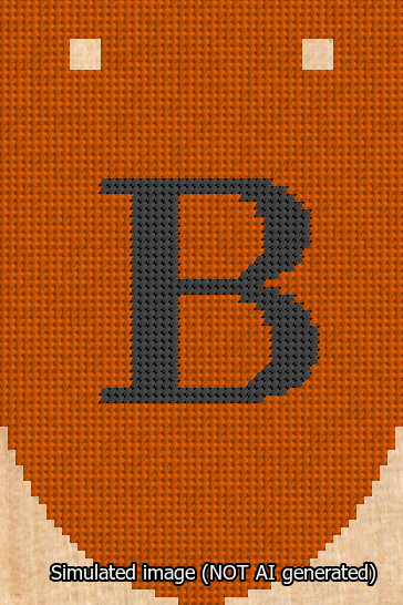 A simulated image of the stitched needlepoint design: Banner 13m Rounded B Black on Orange. Not A.I. generated.