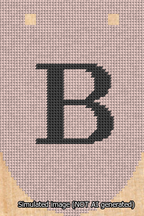 A simulated image of the stitched needlepoint design: Banner 13m Rounded B Black on Pink. Not A.I. generated.