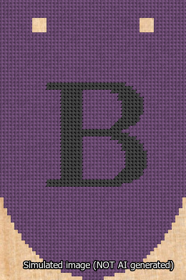 A simulated image of the stitched needlepoint design: Banner 13m Rounded B Black on Purple. Not A.I. generated.