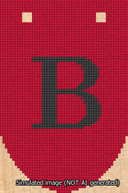 A simulated image of the stitched needlepoint design: Banner 13m Rounded B Black on Red. Not A.I. generated.
