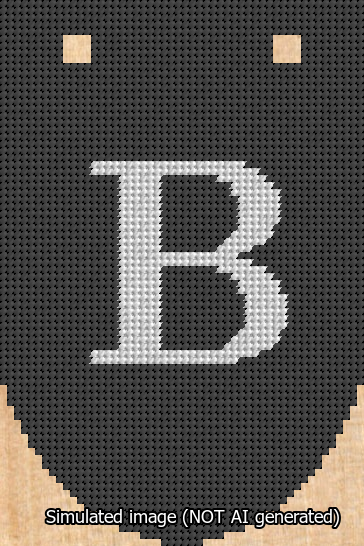 A simulated image of the stitched needlepoint design: Banner 13m Rounded B White on Black. Not A.I. generated.
