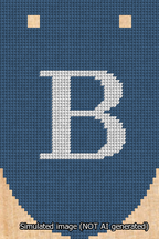 A simulated image of the stitched needlepoint design: Banner 13m Rounded B White on Blue. Not A.I. generated.