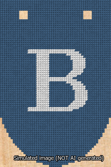 A simulated image of the stitched needlepoint design: Banner 13m Rounded B White on Blue. Not A.I. generated.