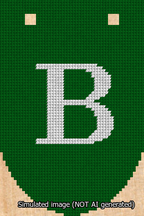 A simulated image of the stitched needlepoint design: Banner 13m Rounded B White on Green. Not A.I. generated.