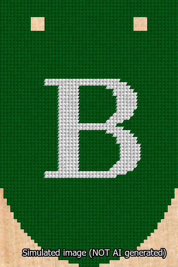 A simulated image of the stitched needlepoint design: Banner 13m Rounded B White on Green. Not A.I. generated.