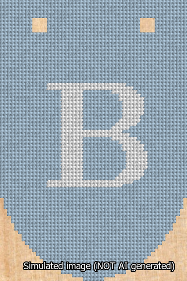 A simulated image of the stitched needlepoint design: Banner 13m Rounded B White on Light Blue. Not A.I. generated.