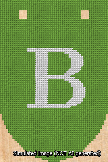 A simulated image of the stitched needlepoint design: Banner 13m Rounded B White on Light Green. Not A.I. generated.