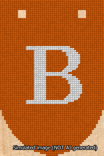A simulated image of the stitched needlepoint design: Banner 13m Rounded B White on Orange. Not A.I. generated.
