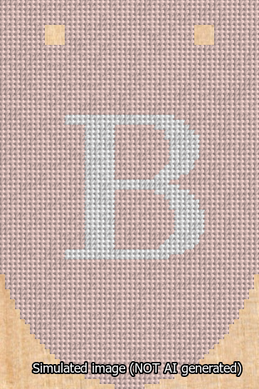A simulated image of the stitched needlepoint design: Banner 13m Rounded B White on Pink. Not A.I. generated.