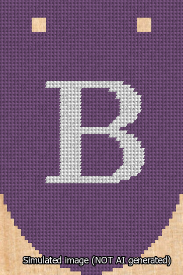 A simulated image of the stitched needlepoint design: Banner 13m Rounded B White on Purple. Not A.I. generated.