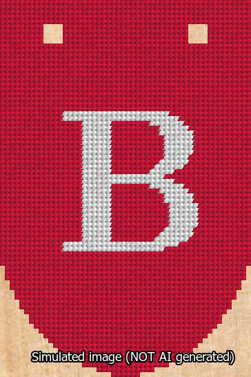 A simulated image of the stitched needlepoint design: Banner 13m Rounded B White on Red. Not A.I. generated.