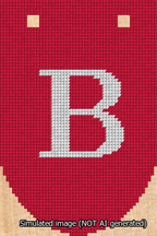 A simulated image of the stitched needlepoint design: Banner 13m Rounded B White on Red. Not A.I. generated.