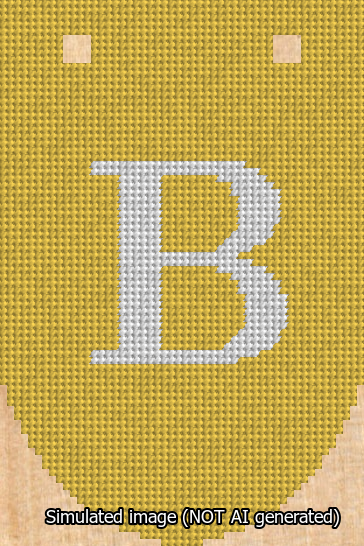 A simulated image of the stitched needlepoint design: Banner 13m Rounded B White on Yellow. Not A.I. generated.