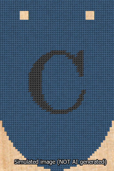 A simulated image of the stitched needlepoint design: Banner 13m Rounded C Black on Blue. Not A.I. generated.