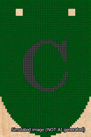 A simulated image of the stitched needlepoint design: Banner 13m Rounded C Black on Green. Not A.I. generated.