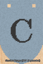 A simulated image of the stitched needlepoint design: Banner 13m Rounded C Black on Light Blue. Not A.I. generated.