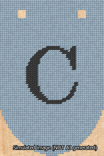 A simulated image of the stitched needlepoint design: Banner 13m Rounded C Black on Light Blue. Not A.I. generated.