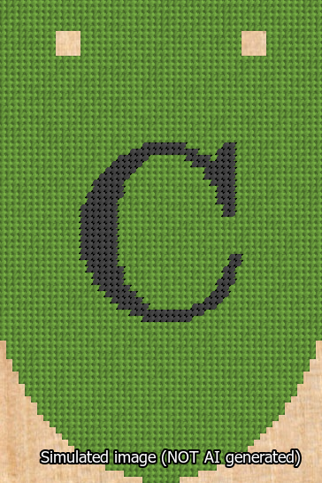 A simulated image of the stitched needlepoint design: Banner 13m Rounded C Black on Light Green. Not A.I. generated.
