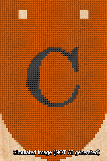 A simulated image of the stitched needlepoint design: Banner 13m Rounded C Black on Orange. Not A.I. generated.
