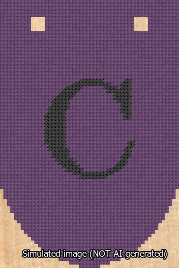 A simulated image of the stitched needlepoint design: Banner 13m Rounded C Black on Purple. Not A.I. generated.