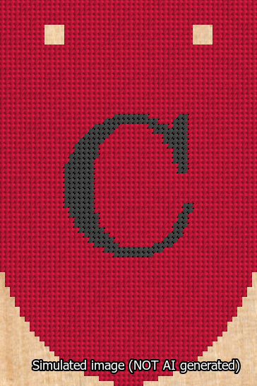A simulated image of the stitched needlepoint design: Banner 13m Rounded C Black on Red. Not A.I. generated.