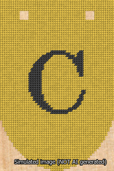 A simulated image of the stitched needlepoint design: Banner 13m Rounded C Black on Yellow. Not A.I. generated.