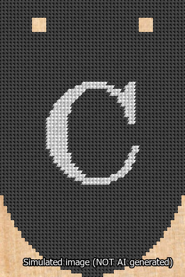 A simulated image of the stitched needlepoint design: Banner 13m Rounded C White on Black. Not A.I. generated.