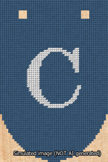A simulated image of the stitched needlepoint design: Banner 13m Rounded C White on Blue. Not A.I. generated.