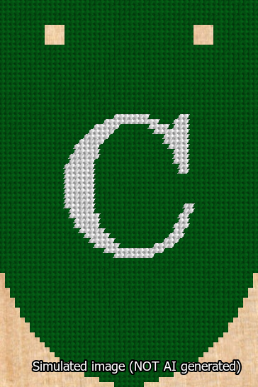 A simulated image of the stitched needlepoint design: Banner 13m Rounded C White on Green. Not A.I. generated.