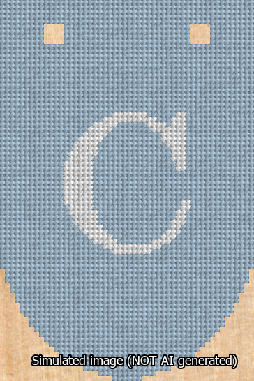 A simulated image of the stitched needlepoint design: Banner 13m Rounded C White on Light Blue. Not A.I. generated.