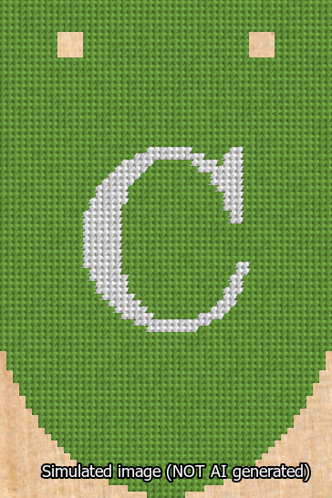 A simulated image of the stitched needlepoint design: Banner 13m Rounded C White on Light Green. Not A.I. generated.