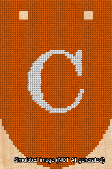 A simulated image of the stitched needlepoint design: Banner 13m Rounded C White on Orange. Not A.I. generated.