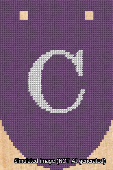 A simulated image of the stitched needlepoint design: Banner 13m Rounded C White on Purple. Not A.I. generated.