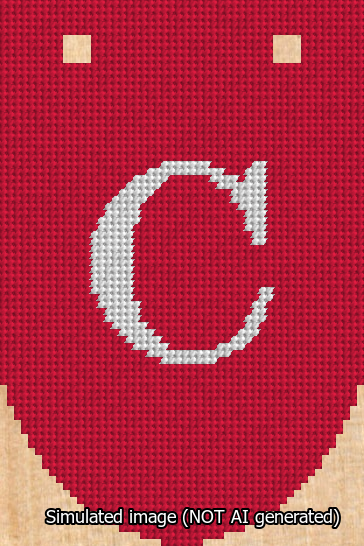 A simulated image of the stitched needlepoint design: Banner 13m Rounded C White on Red. Not A.I. generated.